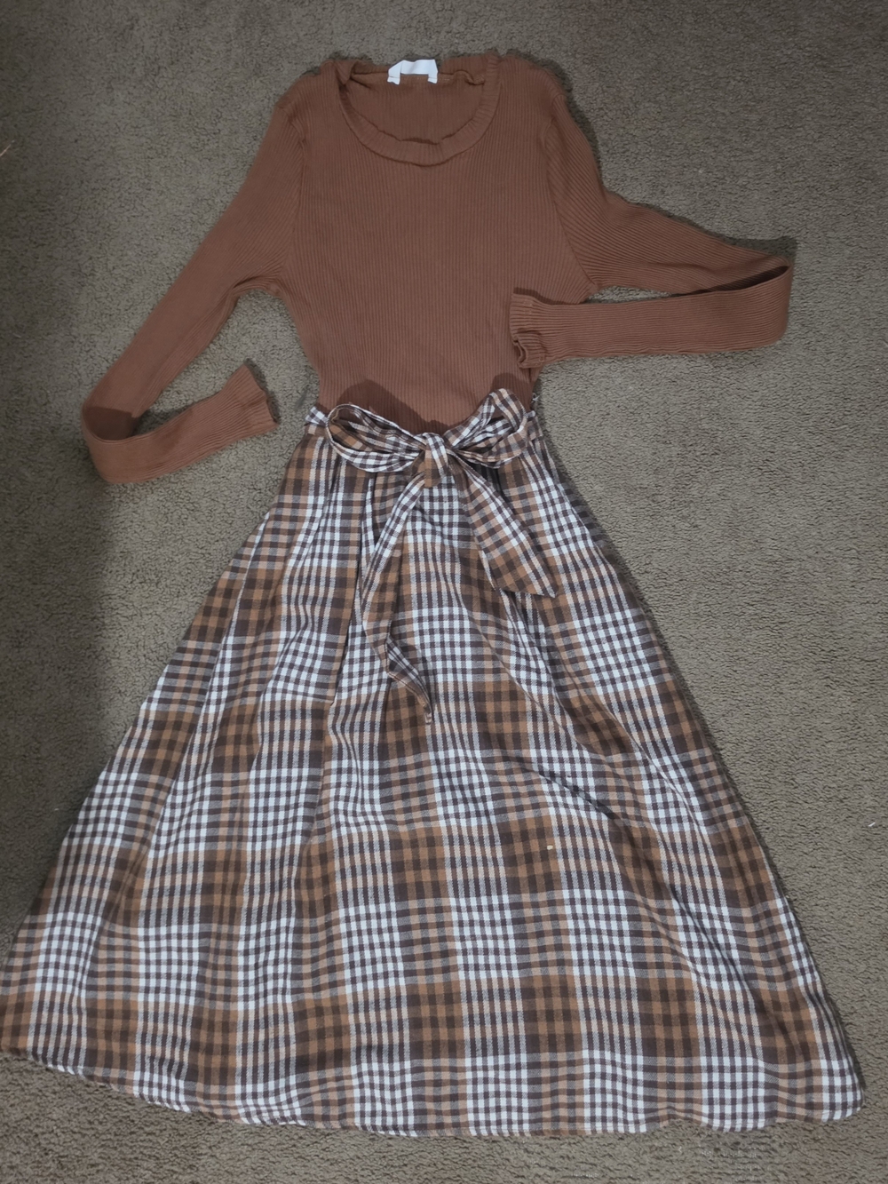 PatPat Brown Ribbed Top & Brown Plaid Maxi Dress